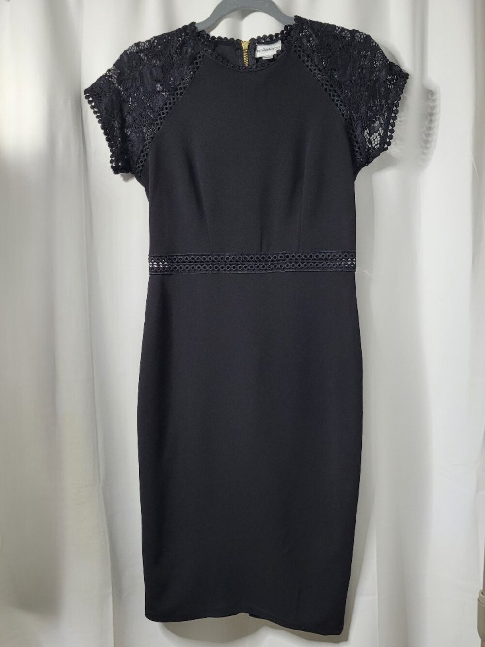 Premier Amour Black Lace Cap Sleeve Sheath Midi Dress